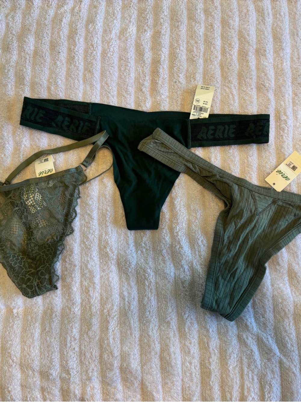 aerie Olive Green Thong Set - Lace, Ribbed & Branded Waistband